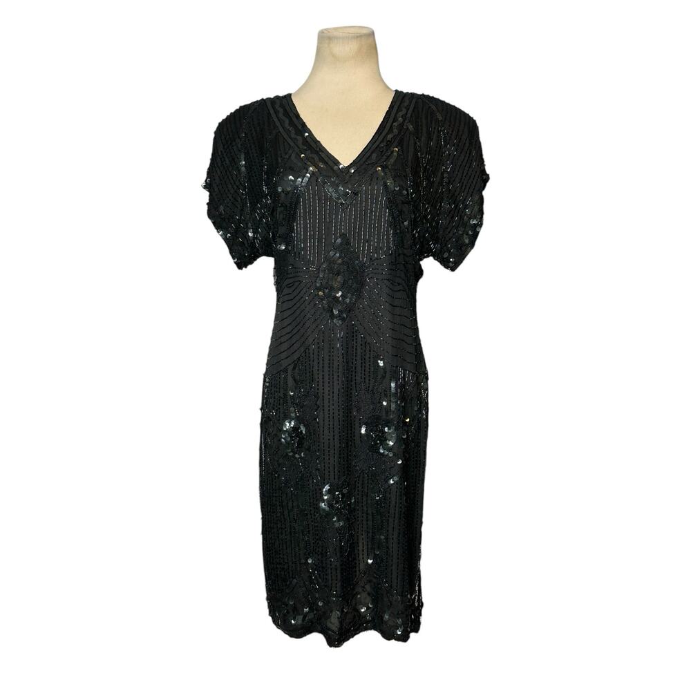 Barkha black sequin silk open back formal party dress size small